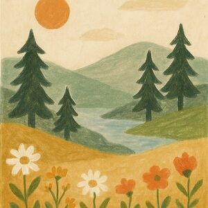 Serene Landscape Art Print - Green and Orange